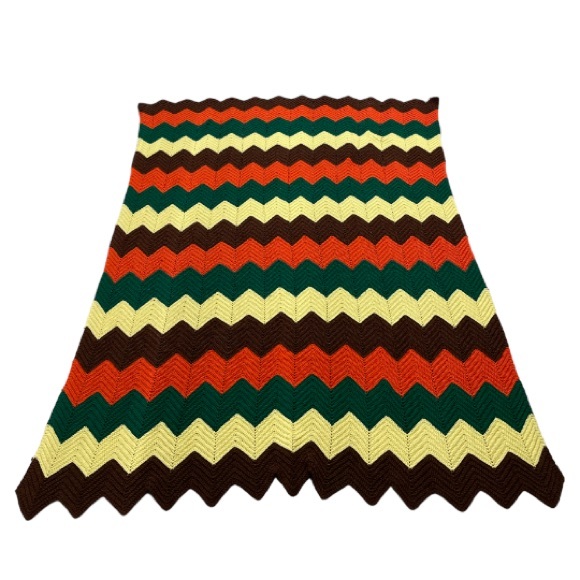 Vintage Other - Vintage Throw Blanket Granny Zig Zag Chevron Orange Brown Yellow Green 60x48